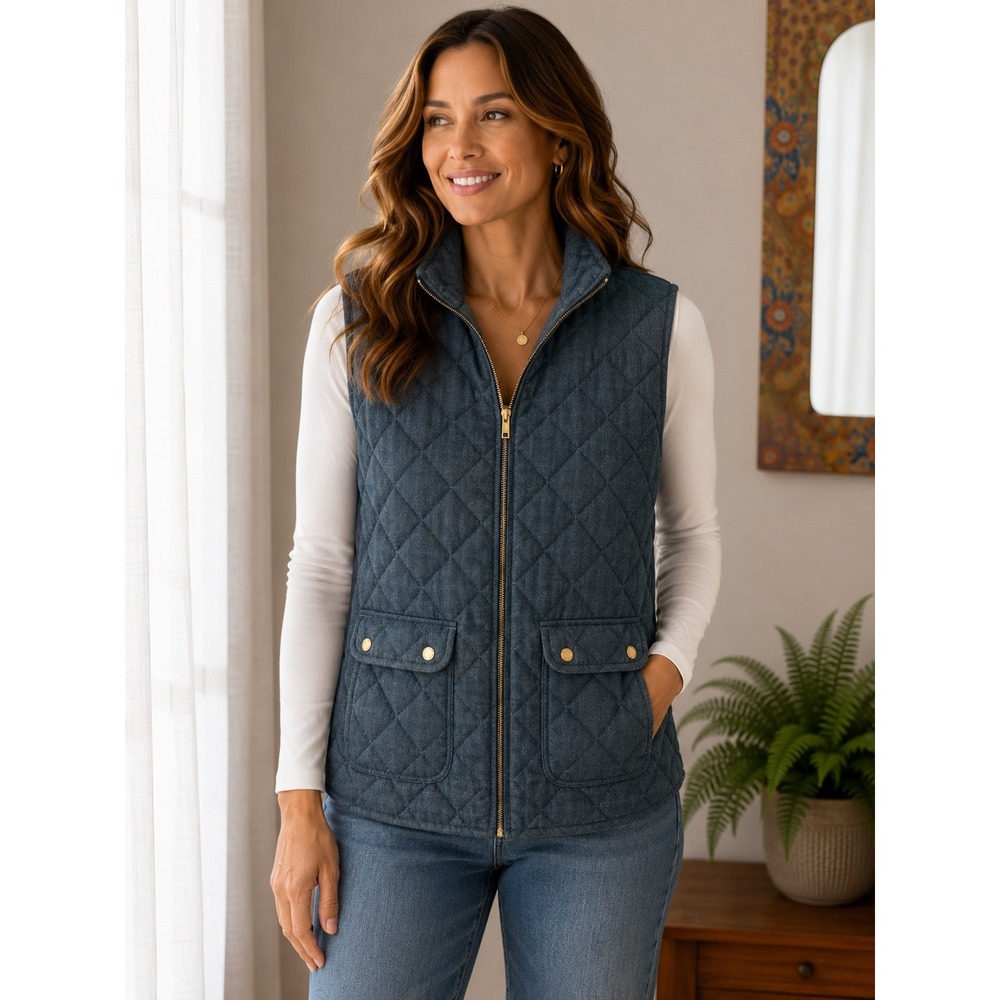 Artisan NY Womens Quilted Vest Navy Blue Herringbone Full Zip Gold Snaps Size L
